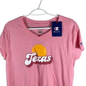 NEW Champion Womens Texas T Shirt Large Pink V Neck S/S Cotton Blend Stretch $40